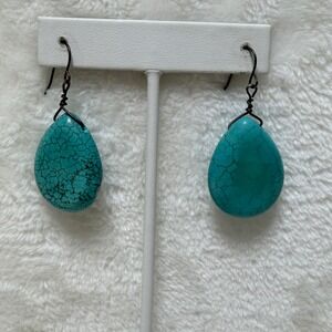 Chunky Homemade Turquoise Blue Crackle Stone Teardrop Dangle Earrings Boho
